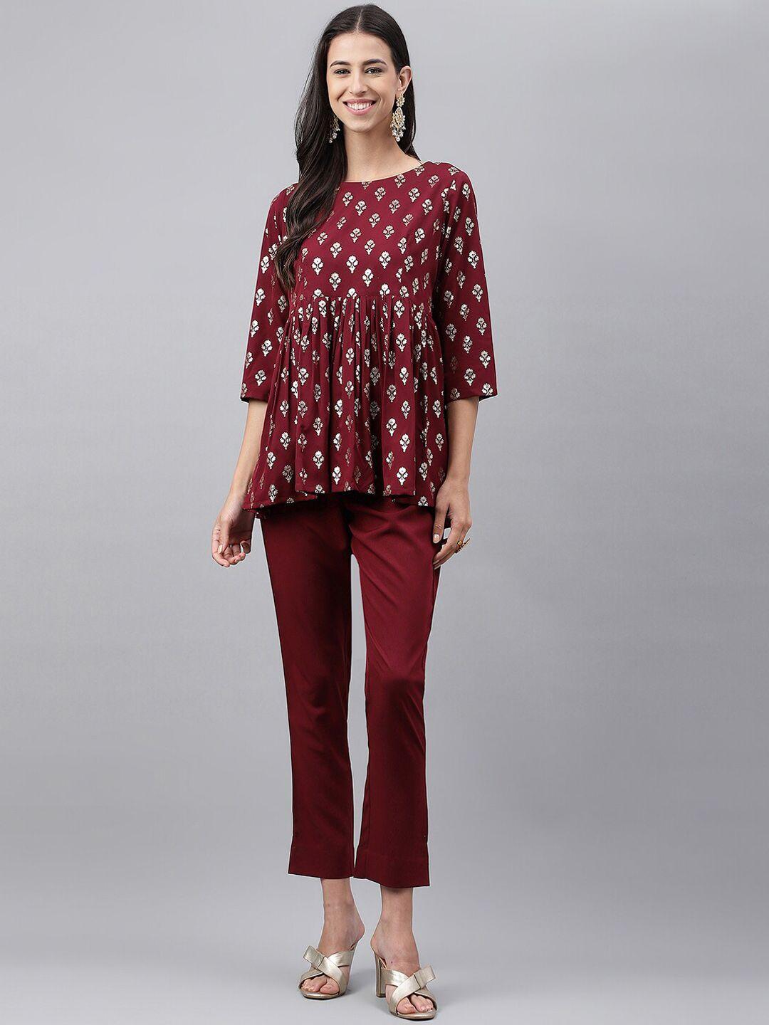 janasya maroon floral foil printed a-line kurti with trousers