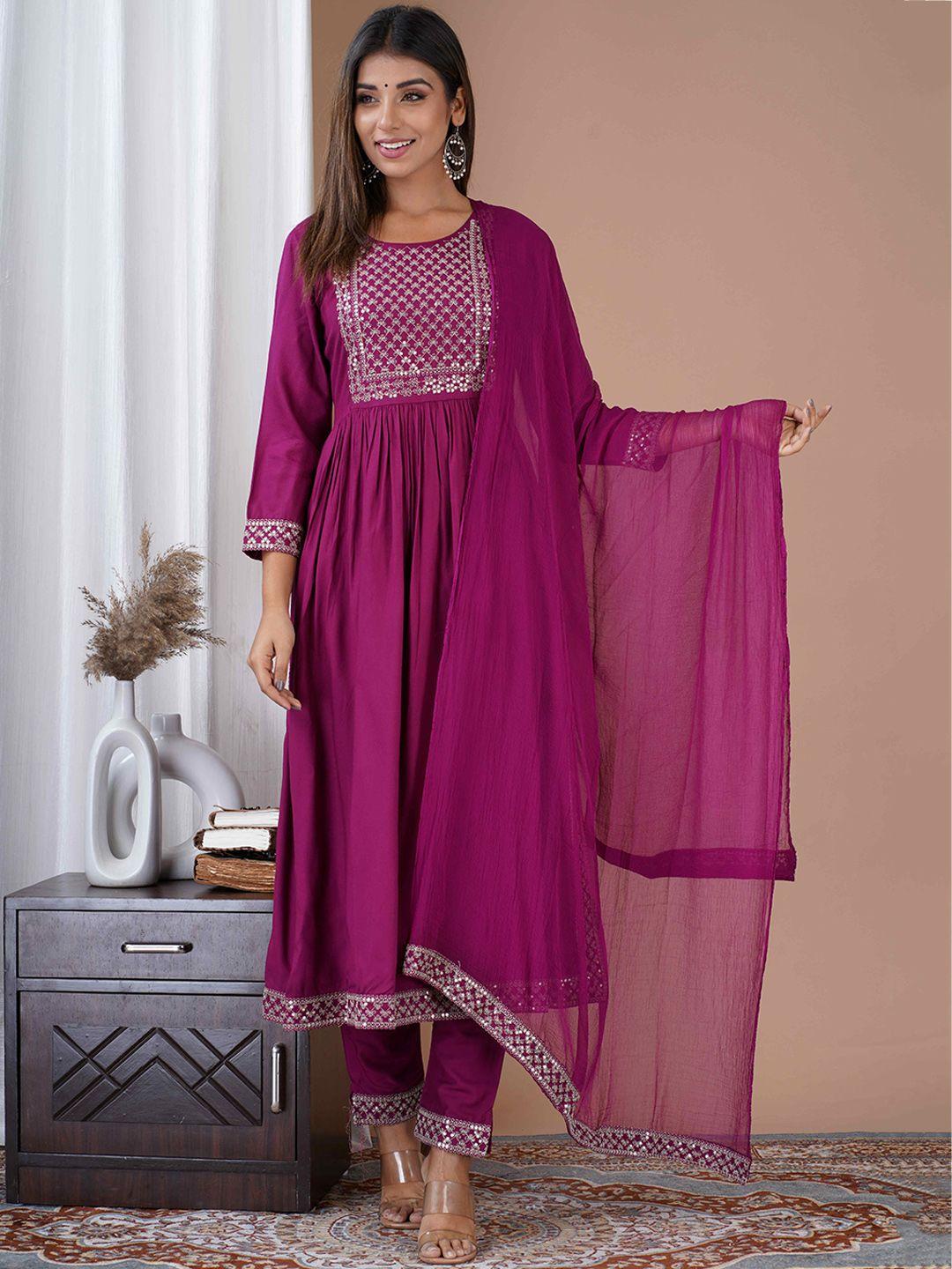 misbis floral embroidered sequined a-line kurta with palazzos & dupatta