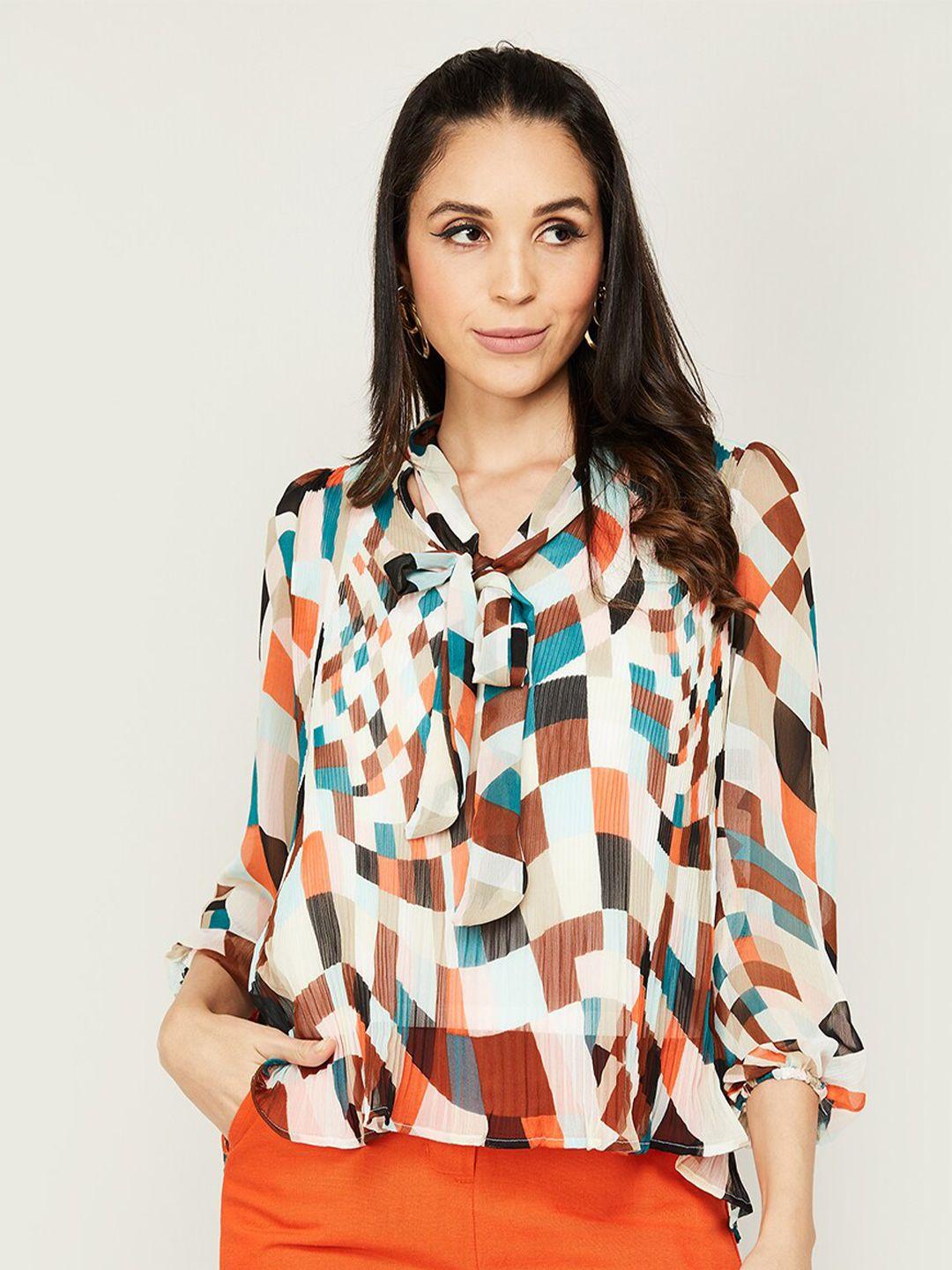 code by lifestyle geometric printed tie-up neck puff sleeves regular top