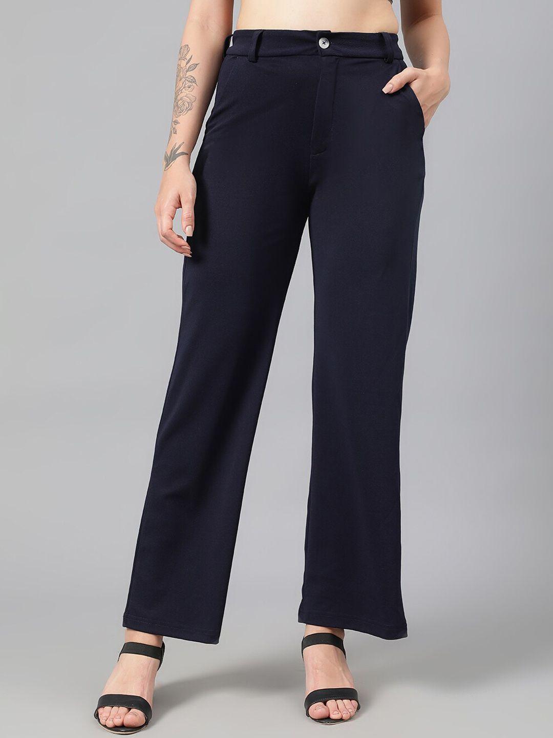 kotty women navy blue relaxed straight leg fit high-rise easy wash parallel trousers