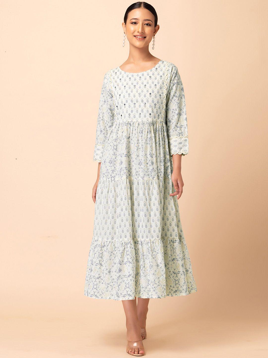 rang by indya ethnic motifs printed cotton mirror work midi dress