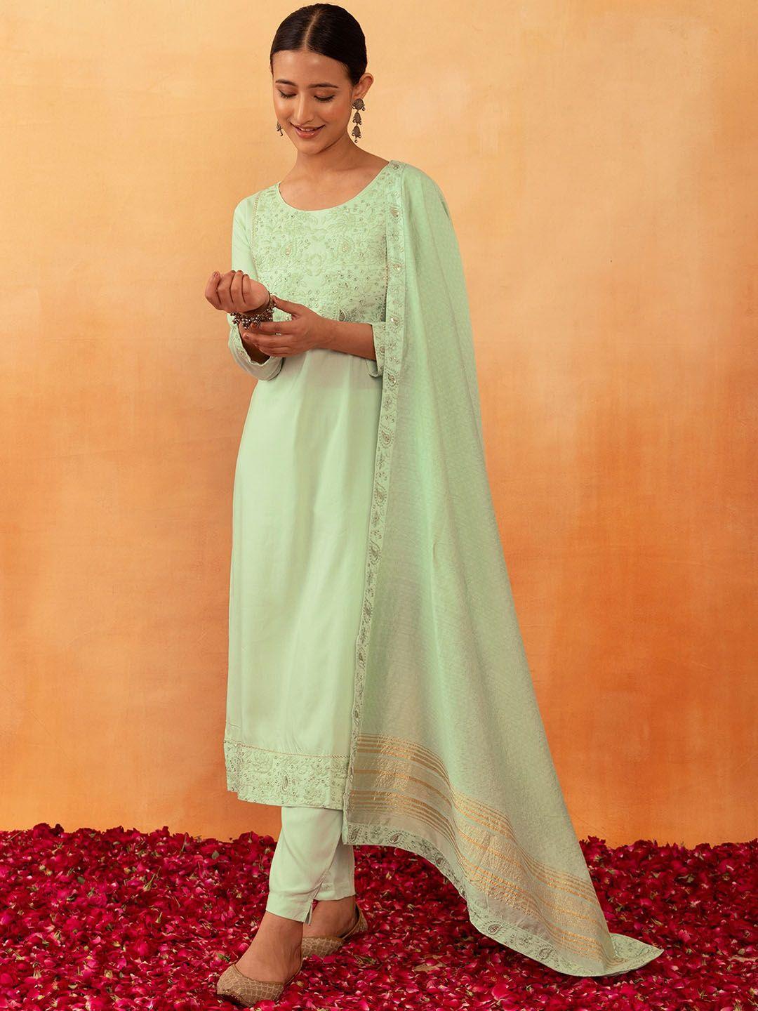 rang by indya ethnci motifs embroidered sequined a-line kurta with trouser & dupatta