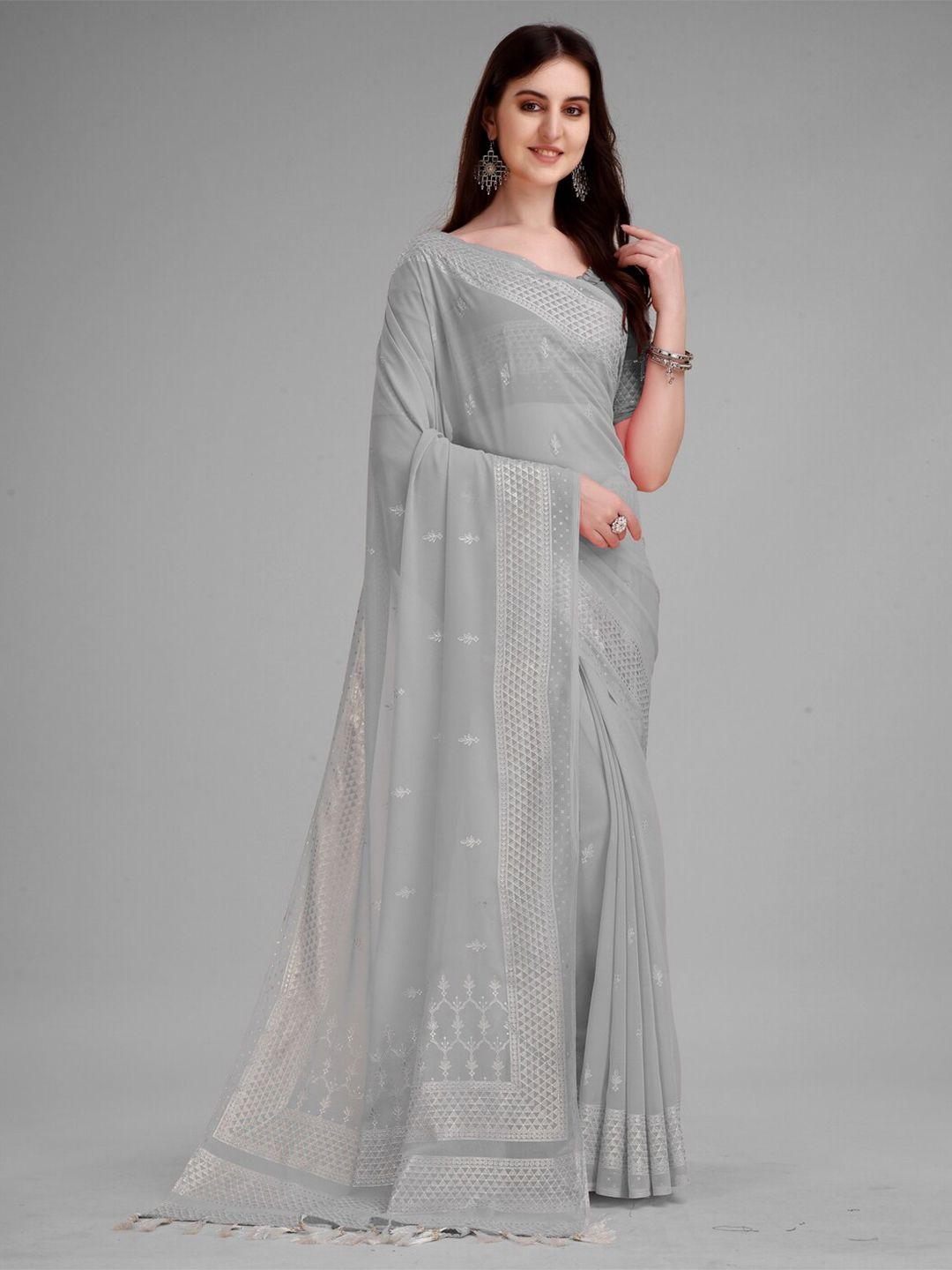 anouk grey & silver-toned ethnic motifs embroidered pure georgette saree