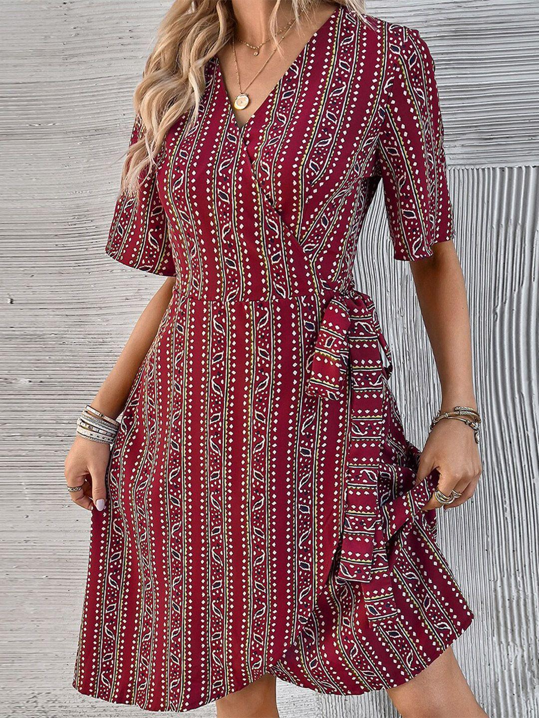 bostreet maroon ethnic printed wrap dress