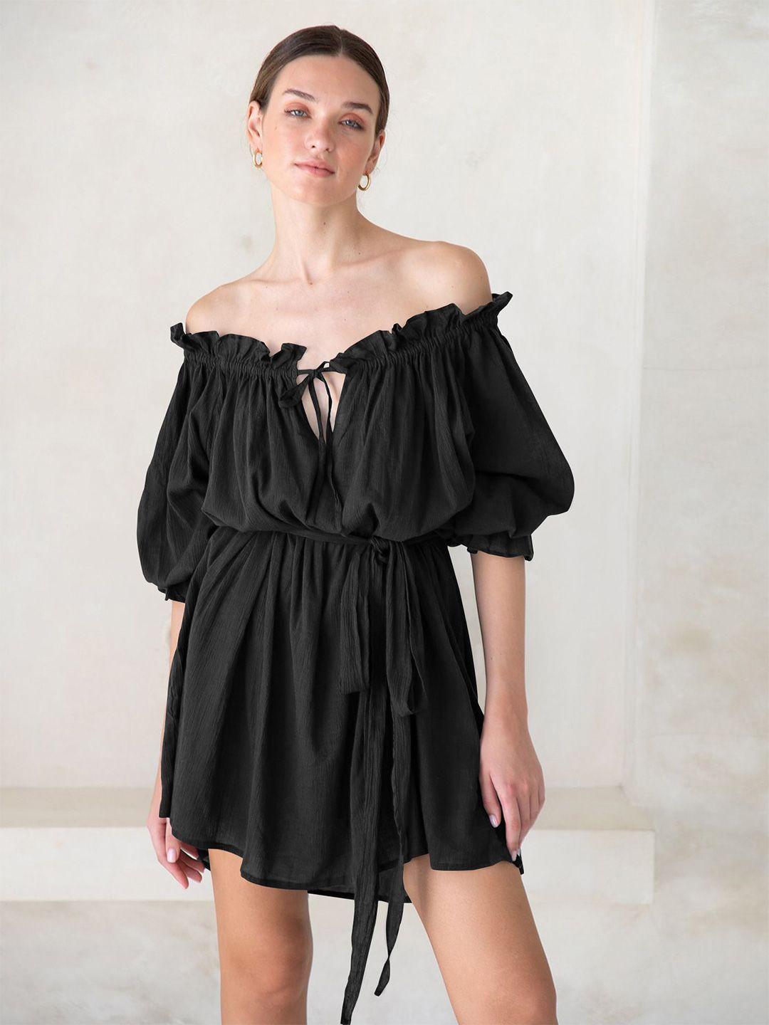 bostreet black off-shoulder puff sleeve fit & flare dress