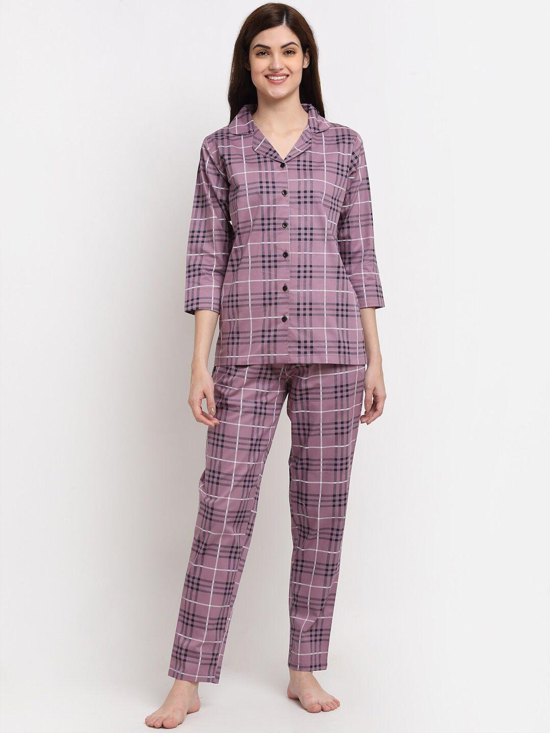 claura purple & white checked pure cotton night suit