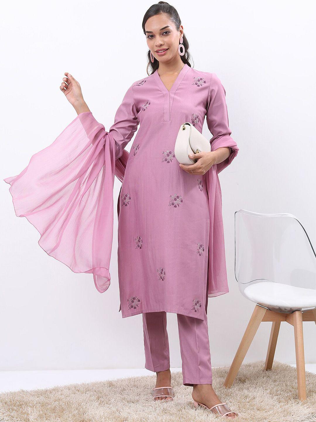 vishudh mauve floral embroidered regular kurta with trousers & dupatta