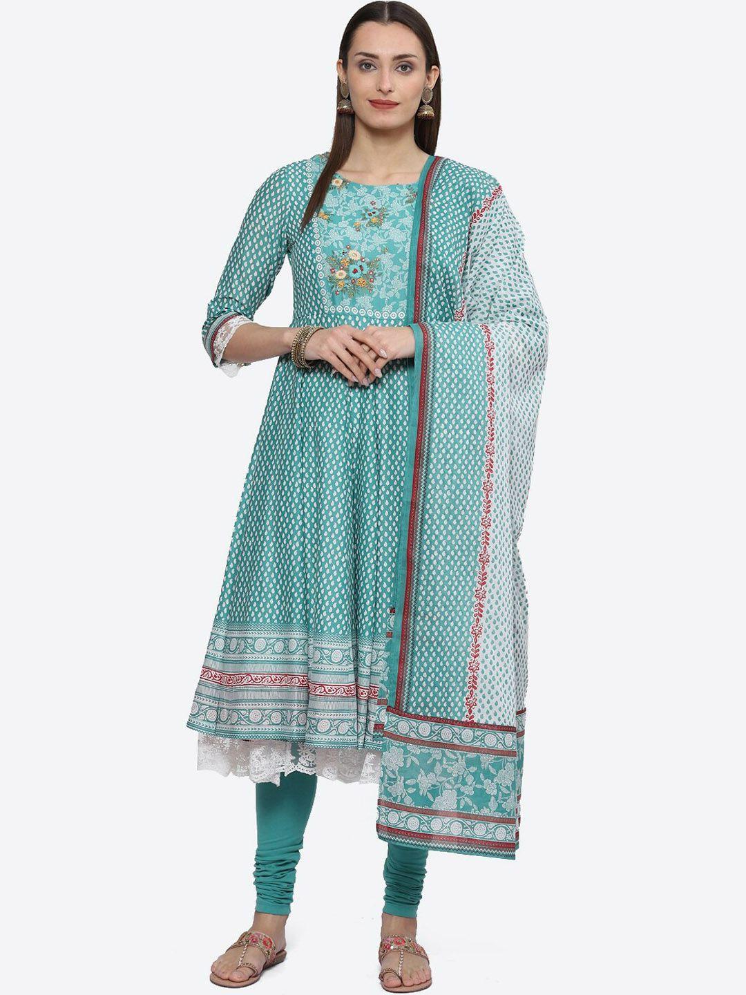 biba ethnic motifs printed thread work pure cotton kurta with churidar & dupatta