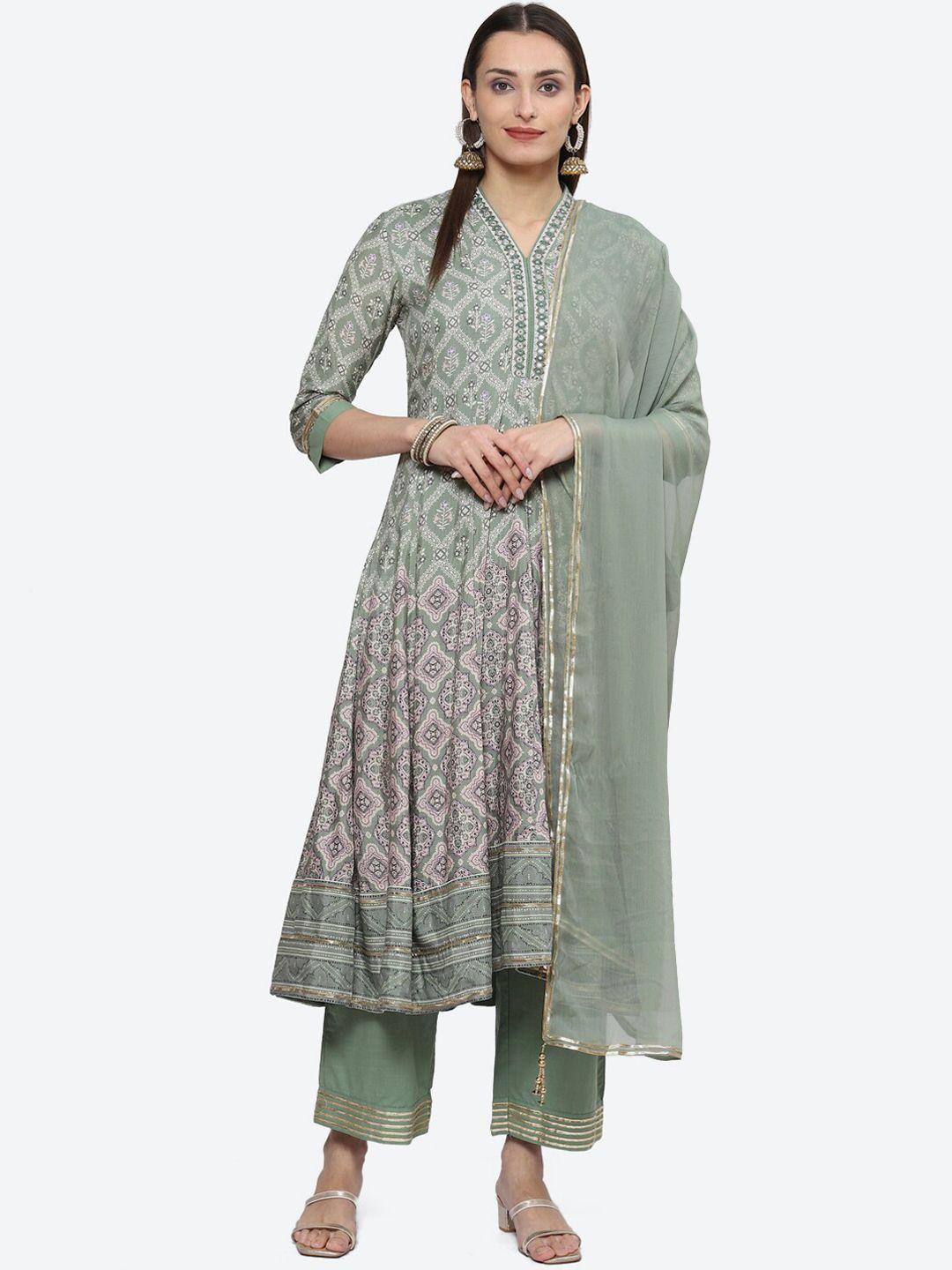 biba ethnic motifs printed mirror work pleated kurta with palazzos & dupatta