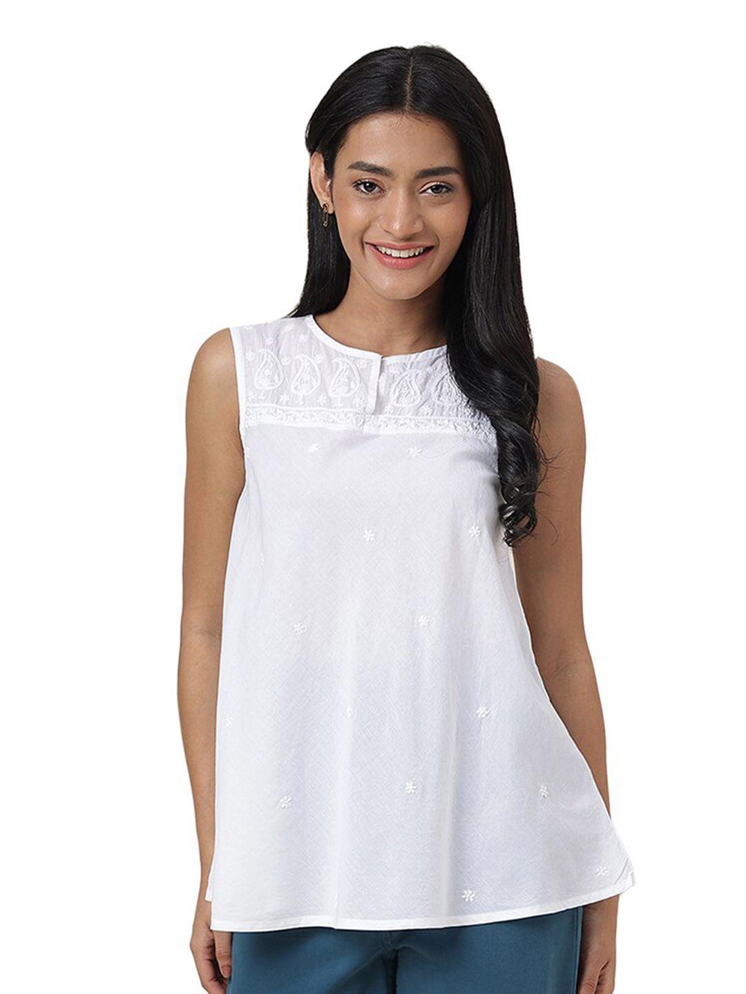 fabindia chikankari embroidered sleeveless cotton top