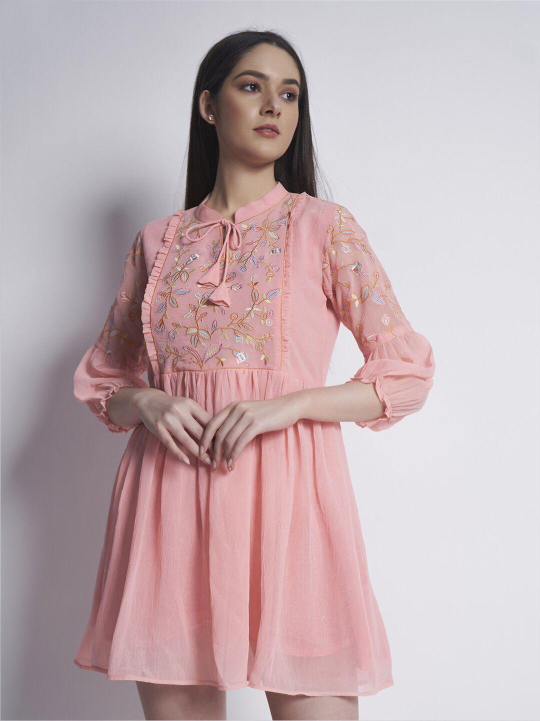 dressberry pink floral embroidered puff sleeves georgette fit & flare mini dress