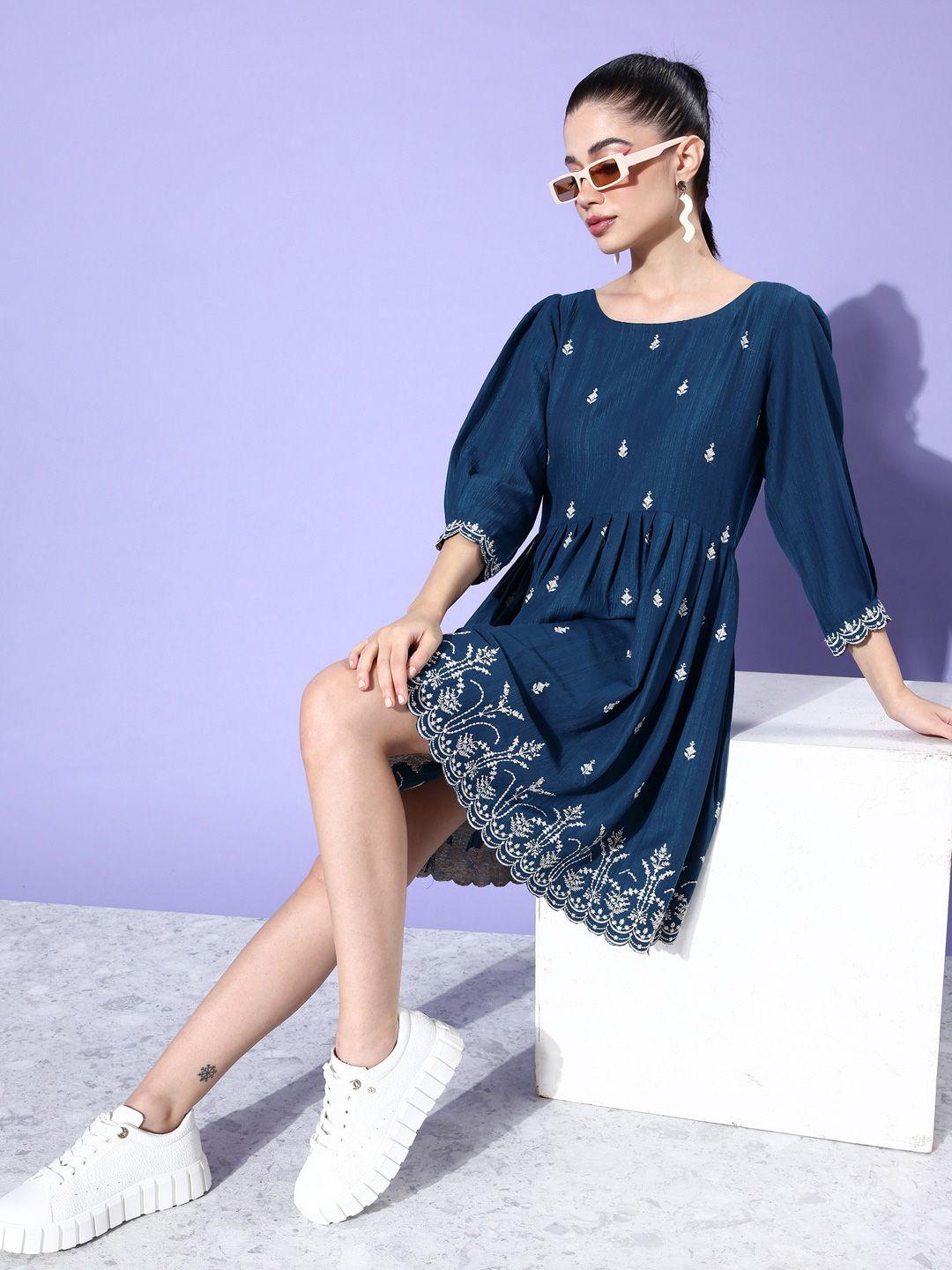 dressberry blue floral embroidered fit & flare dress