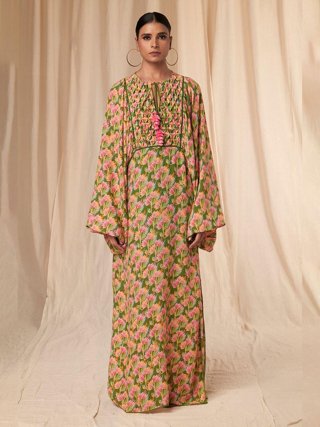 masaba floral printed kimono sleeves crepe a-line maxi dress