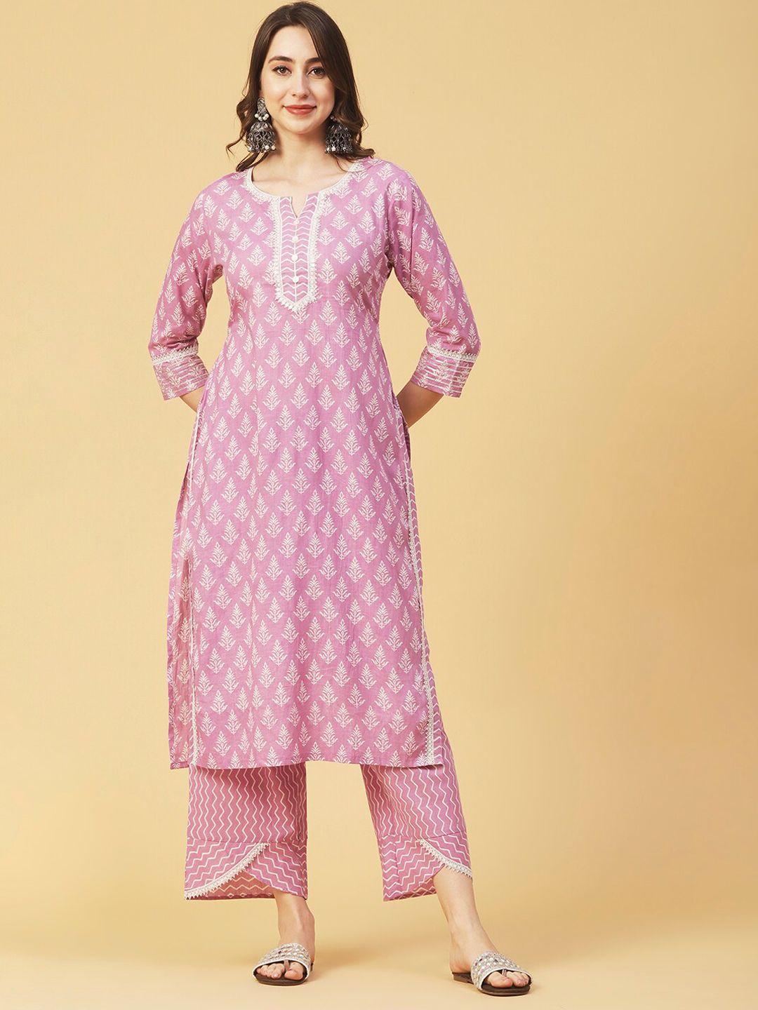 fashor lavender ethnic motifs printed regular thread work pure cotton kurta with palazzos