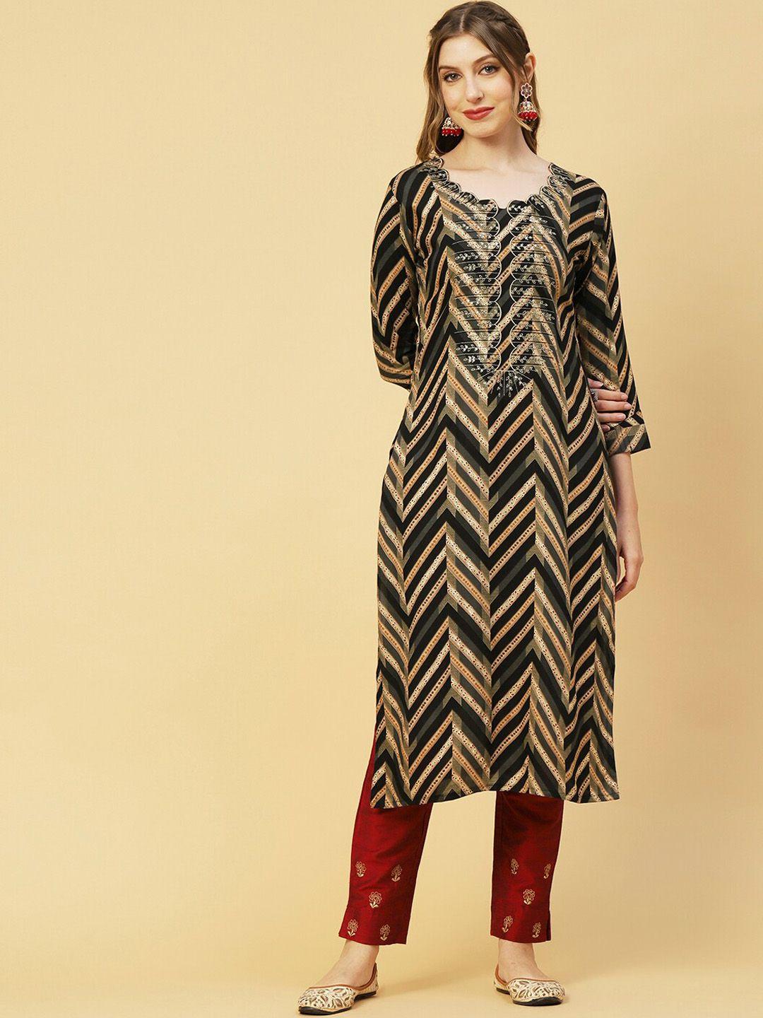 fashor black & cream coloured chevron printed thread work kurta