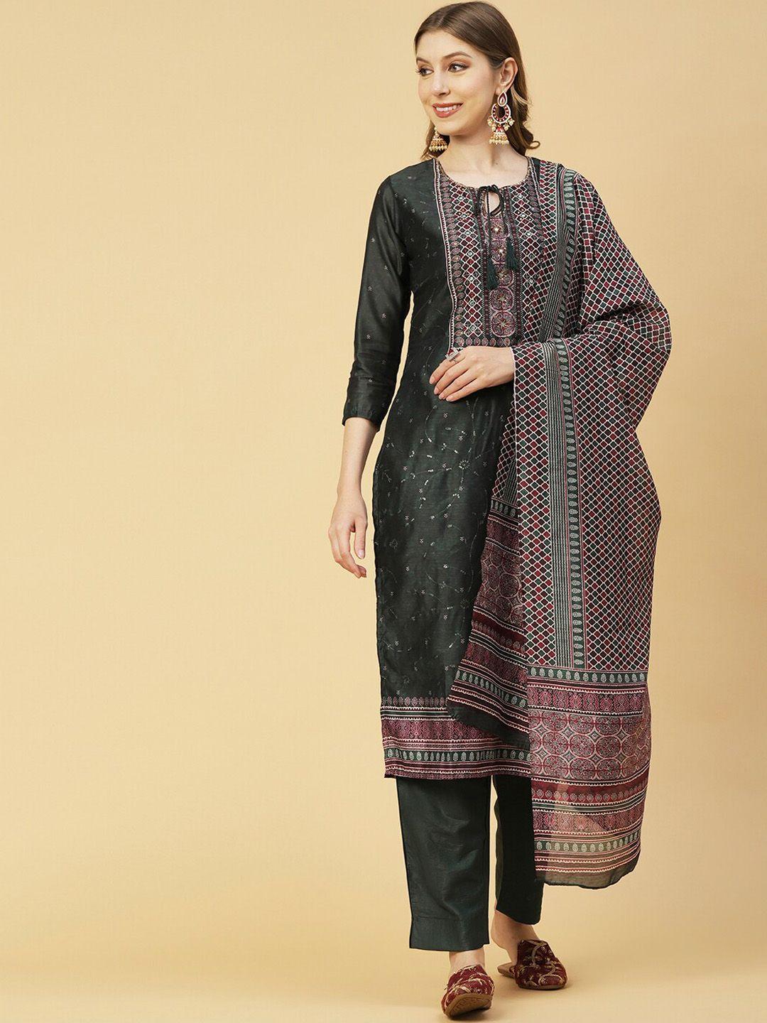 fashor green floral printed regular mirror work kurta with trousers & with dupatta