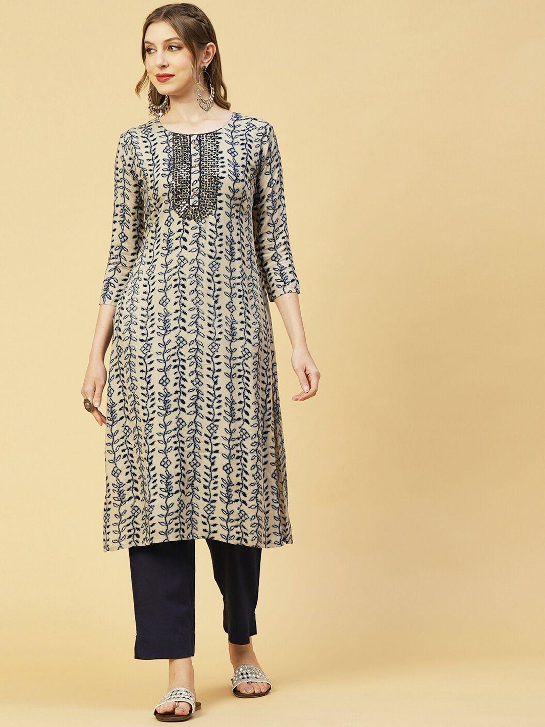 fashor cream coloured & navy blue ethnic motif printed mirror work kurta