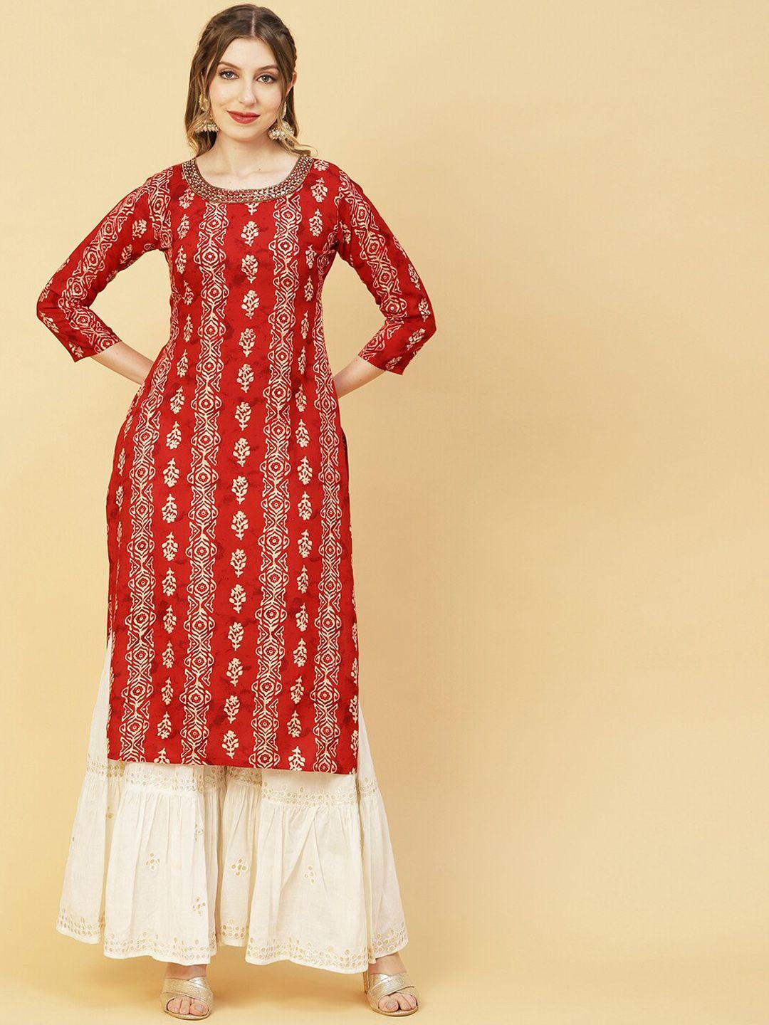 fashor red & white ethnic motifs printed beads & stones kurta