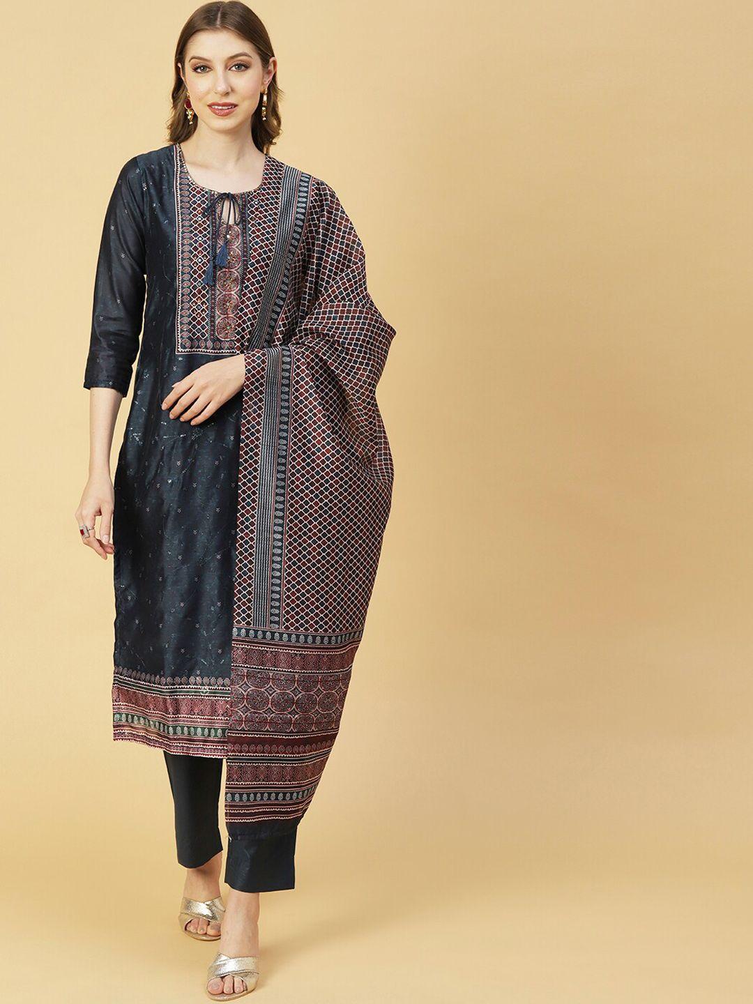 fashor blue ethnic motifs printed regular mirror work kurta with trousers & with dupatta