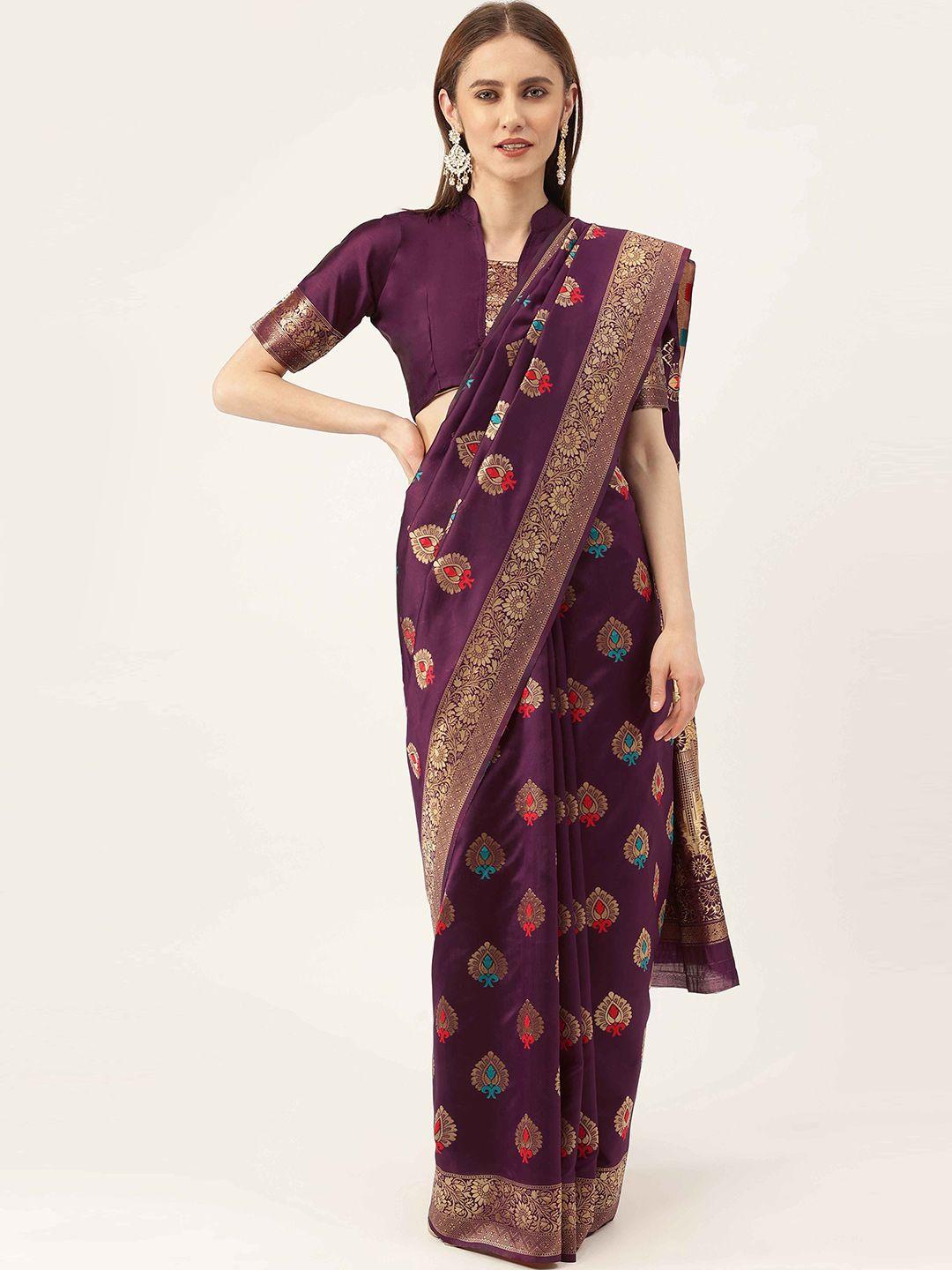 here&now purple & red ethnic woven design zari kanjeevaram saree