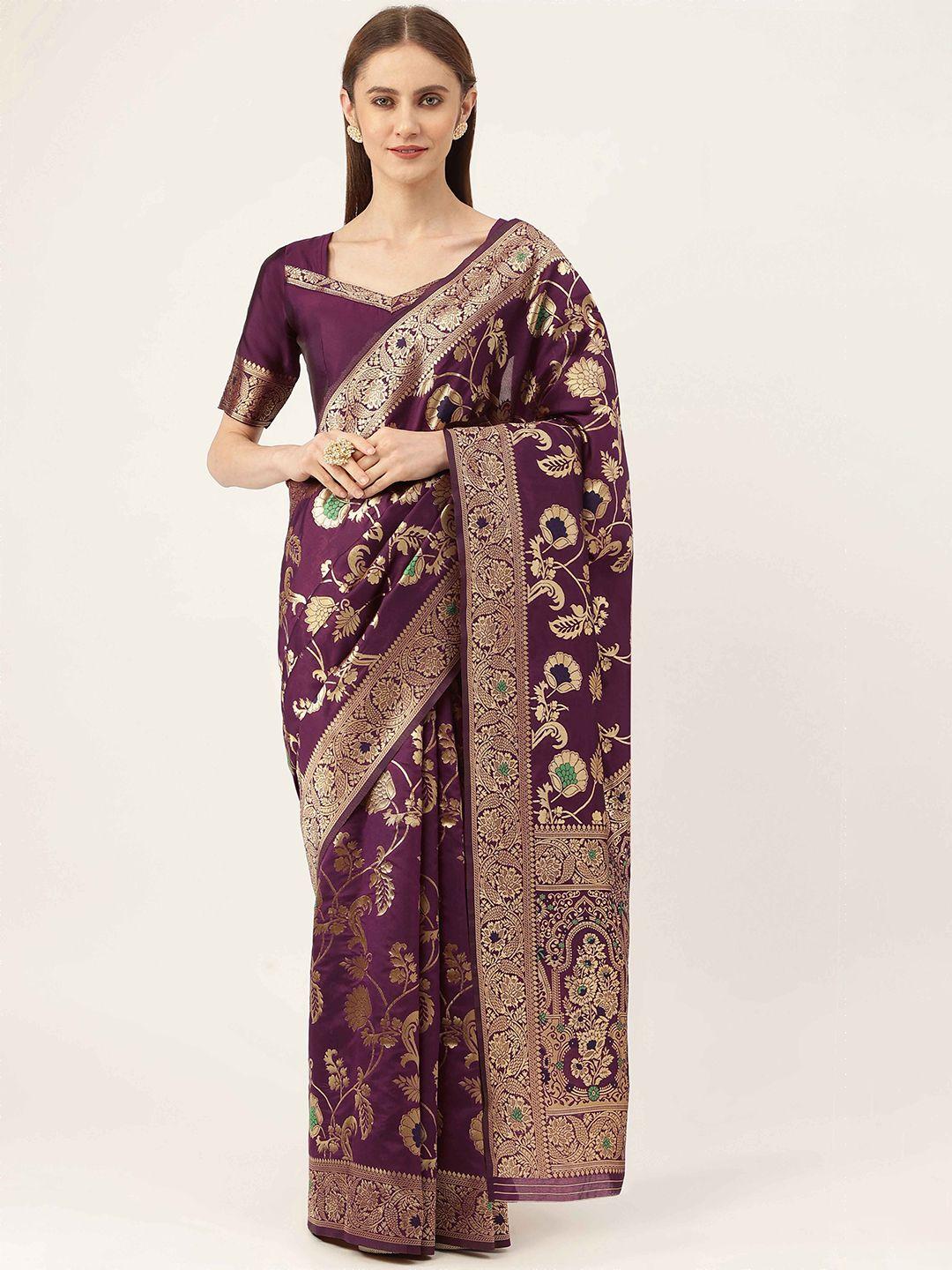 here&now purple & gold-toned floral woven design zari kanjeevaram saree