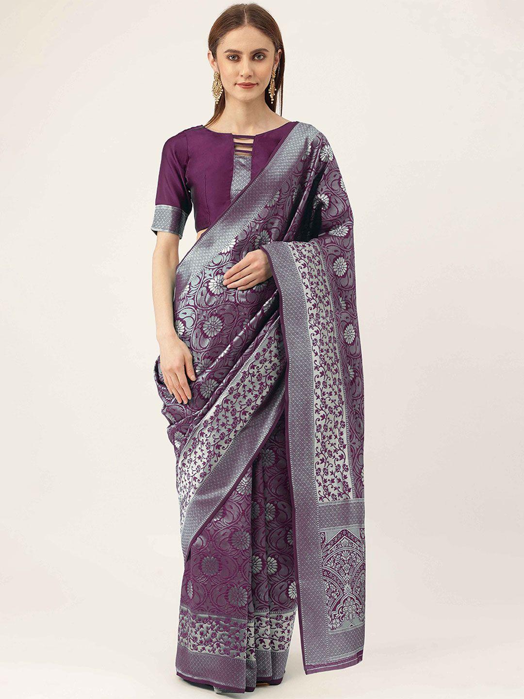 here&now purple & silver-toned floral woven design zari kanjeevaram saree