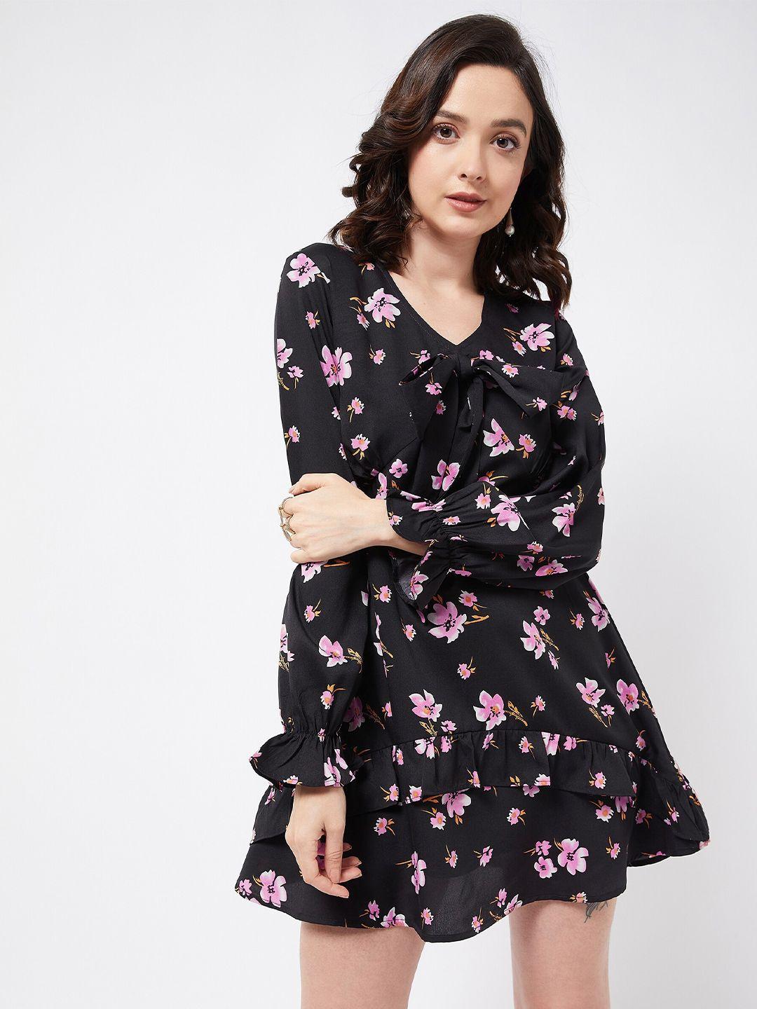 magre black floral printed georgette fit & flare dress