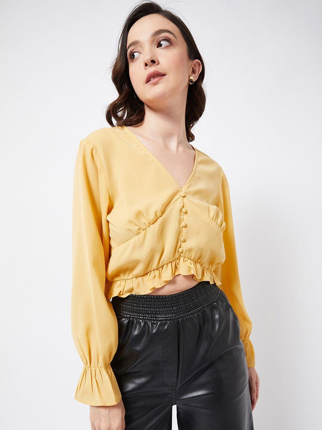 magre yellow puff sleeve georgette crop top