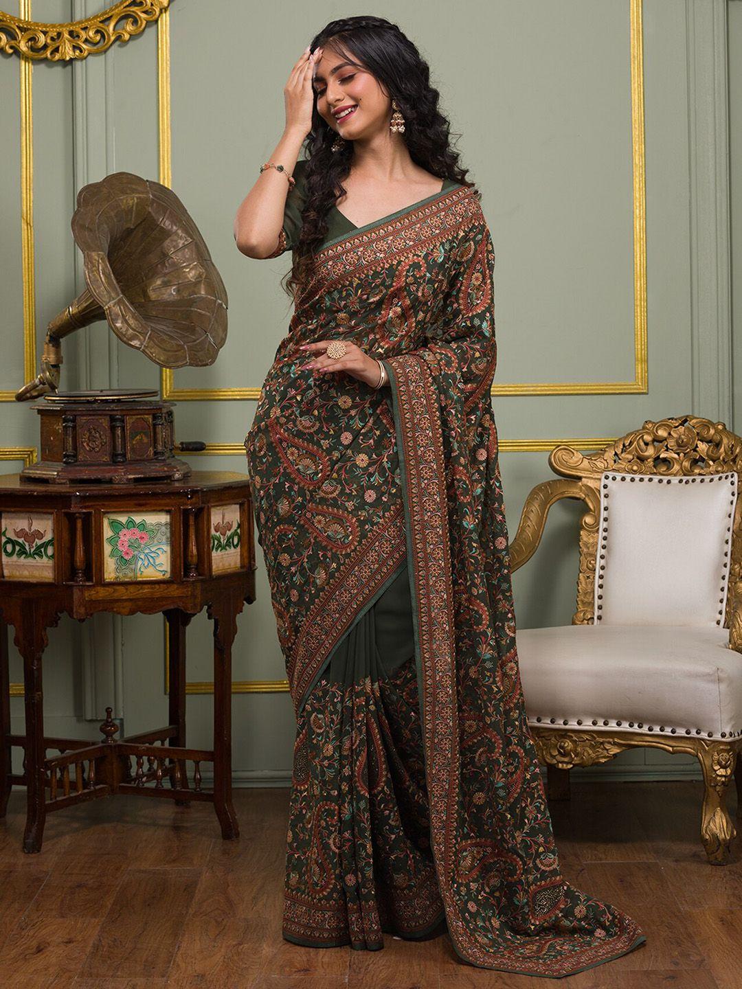 koskii paisley embroidered poly georgette saree with blouse piece