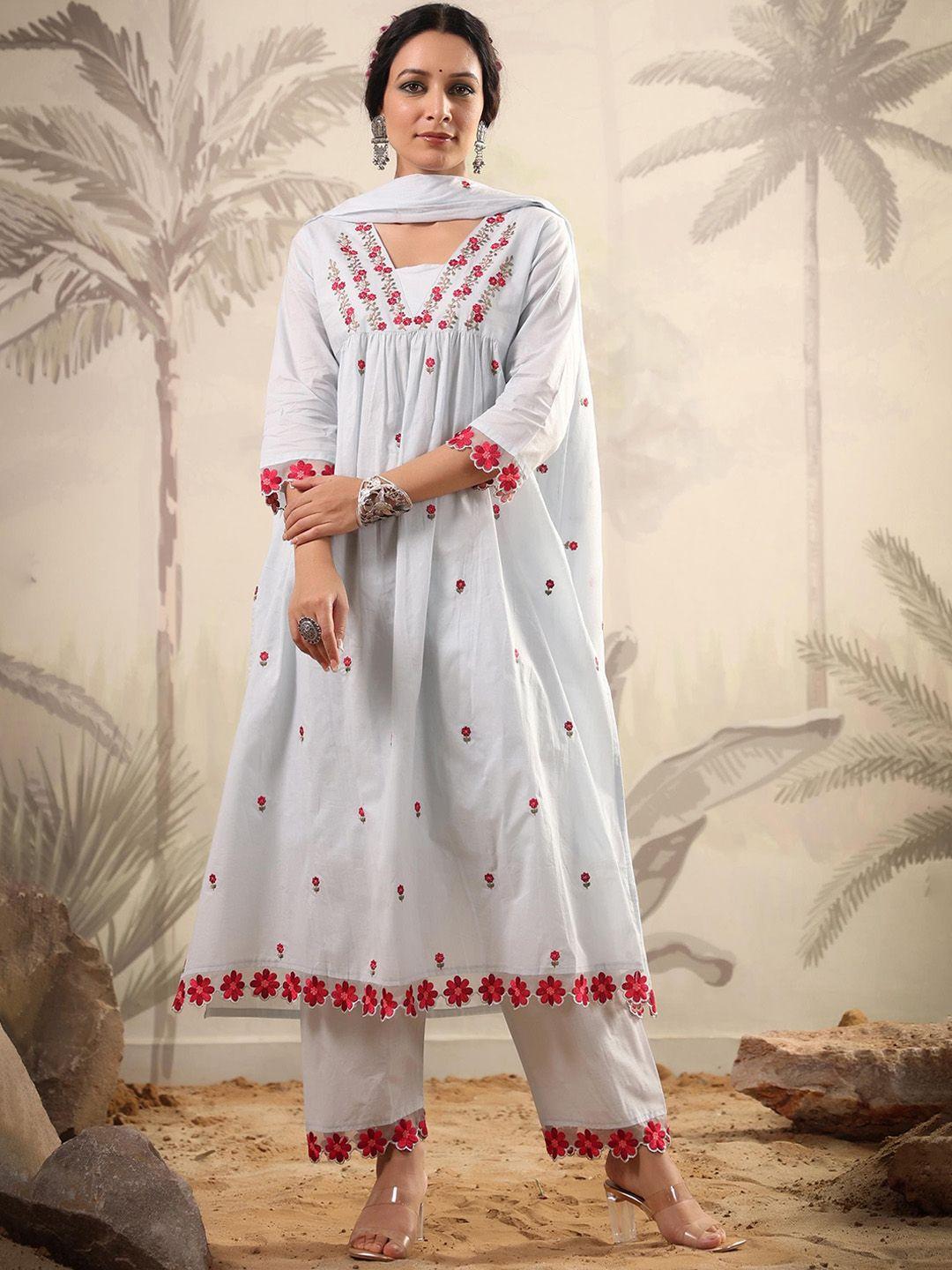 scakhi floral embroidered pure cotton a-line kurta with trousers & dupatta