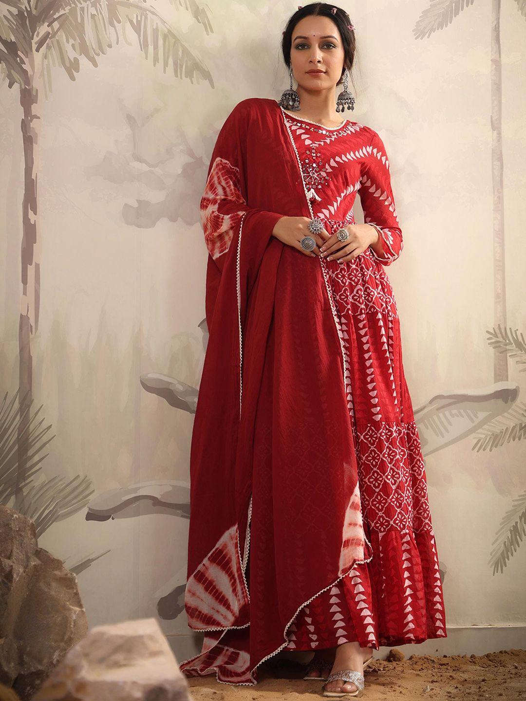 scakhi printed tiered ethnic dress with printed dupatta