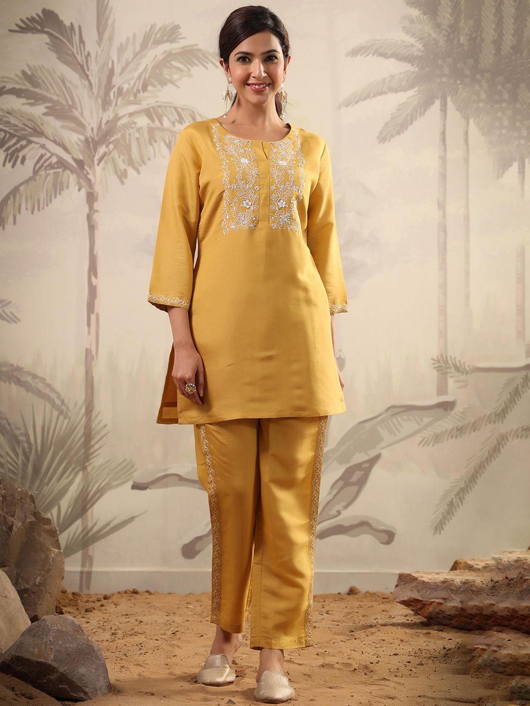 scakhi embroidered chanderi silk tunic with trousers