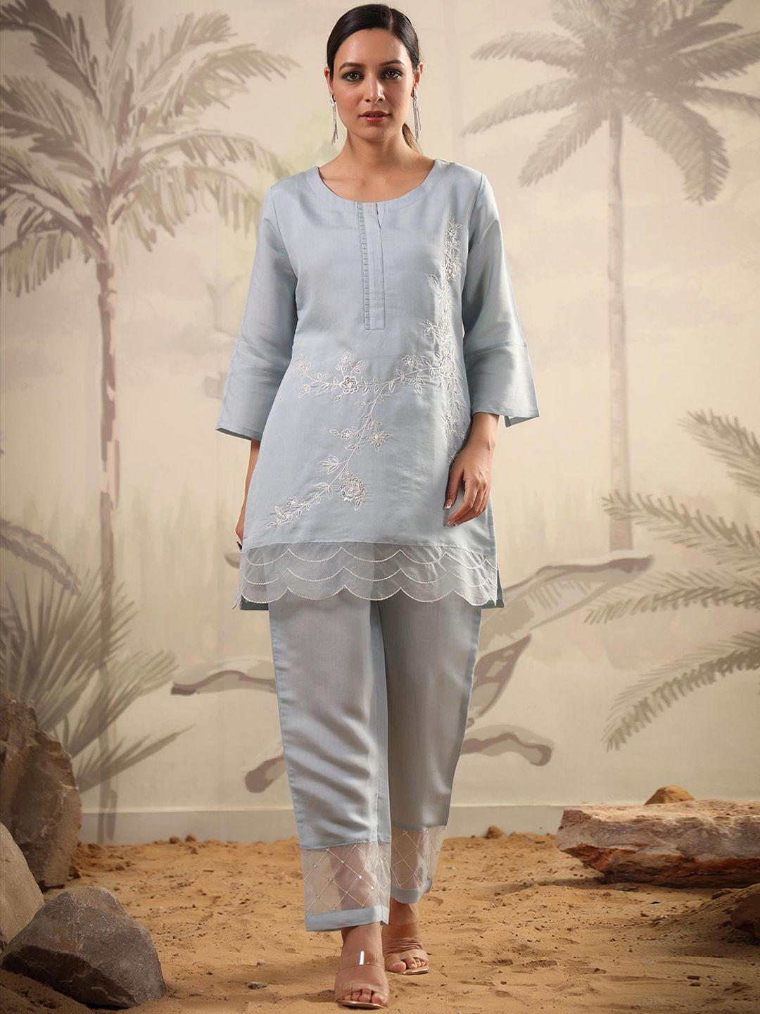 scakhi embroidered chanderi silk tunic with trouser