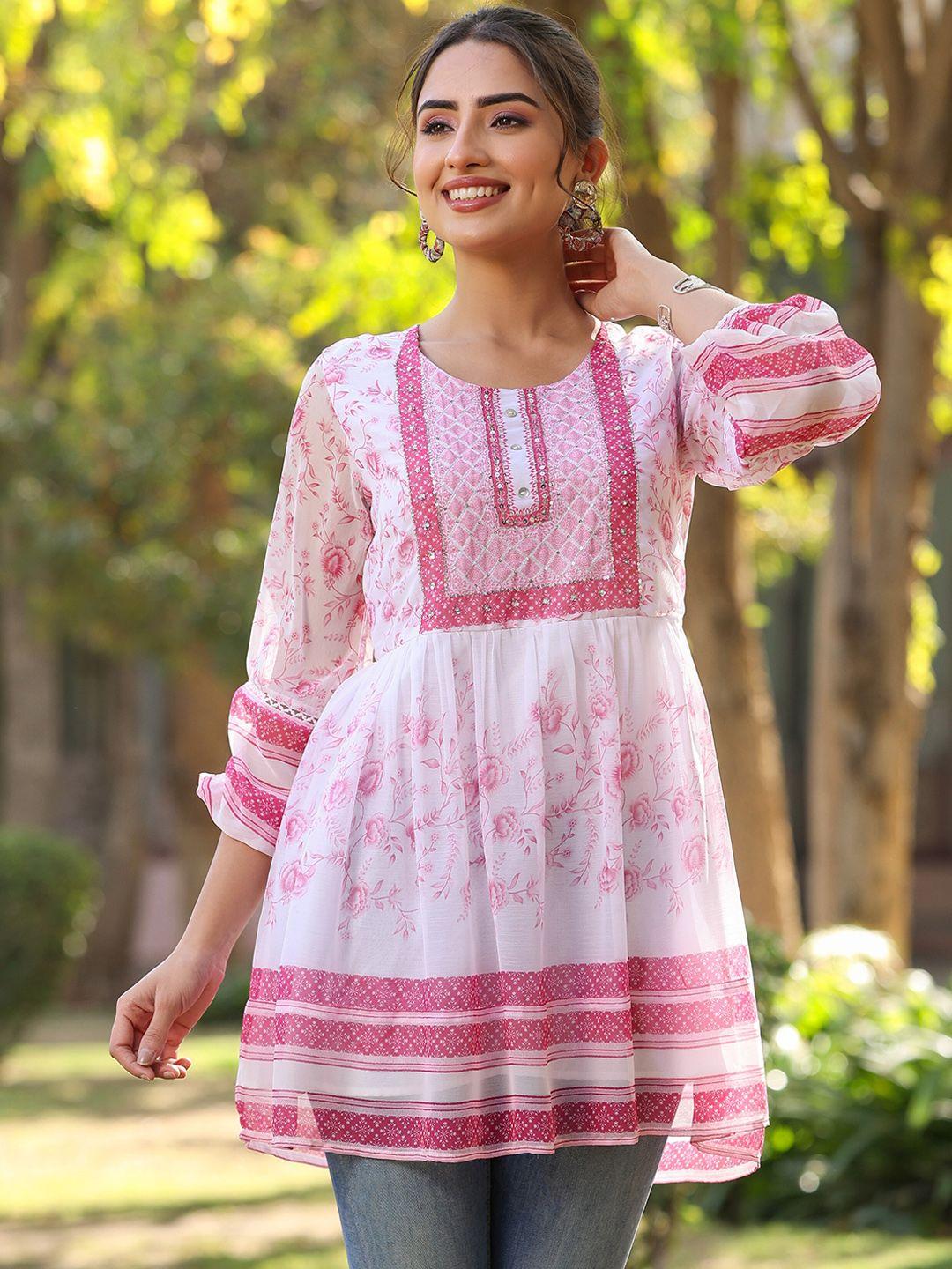 juniper white & pink chiffon floral printed peplum tunic