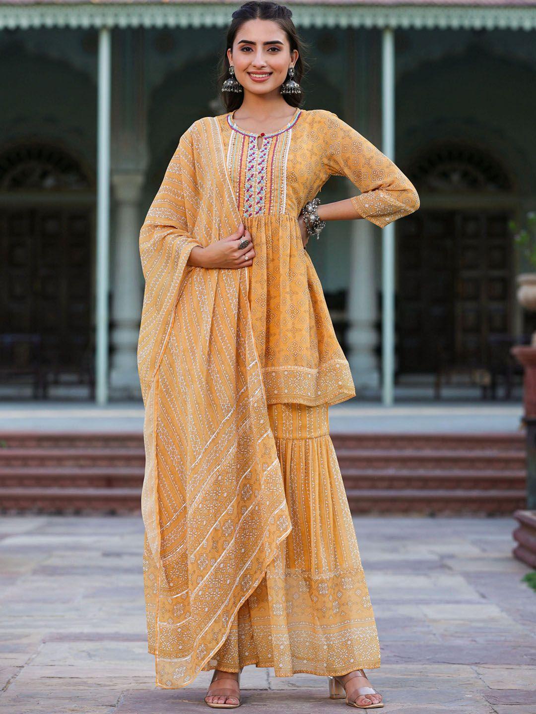 juniper yellow ethnic motifs printed regular sequinned kurta with sharara & with dupatta