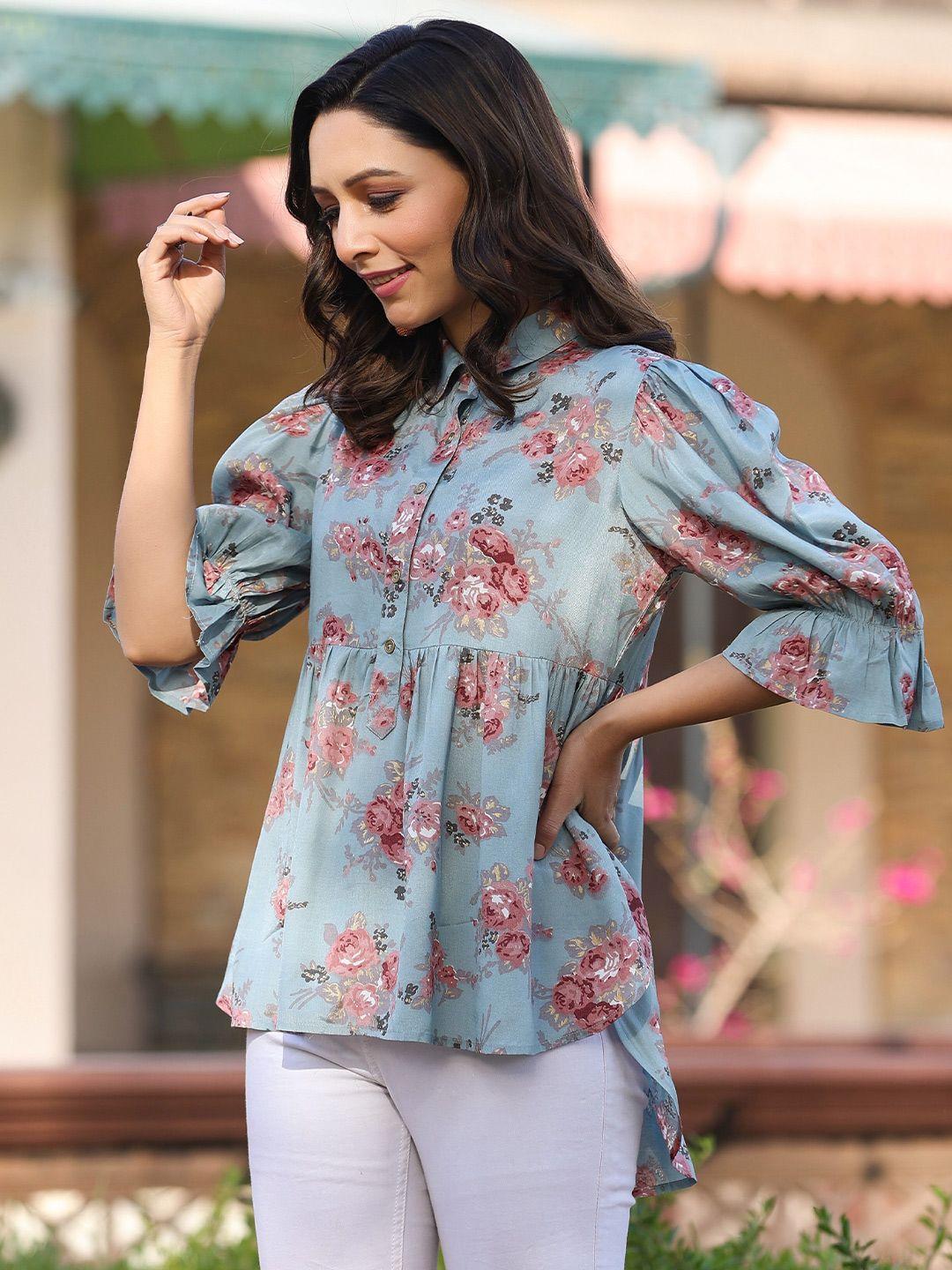 juniper blue & red floral printed puff sleeves shirt collar tunic