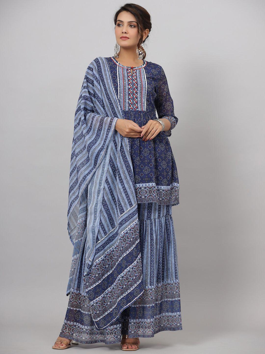 juniper navy blue & white printed keyhole neck beads & stones kurti with sharara & dupatta