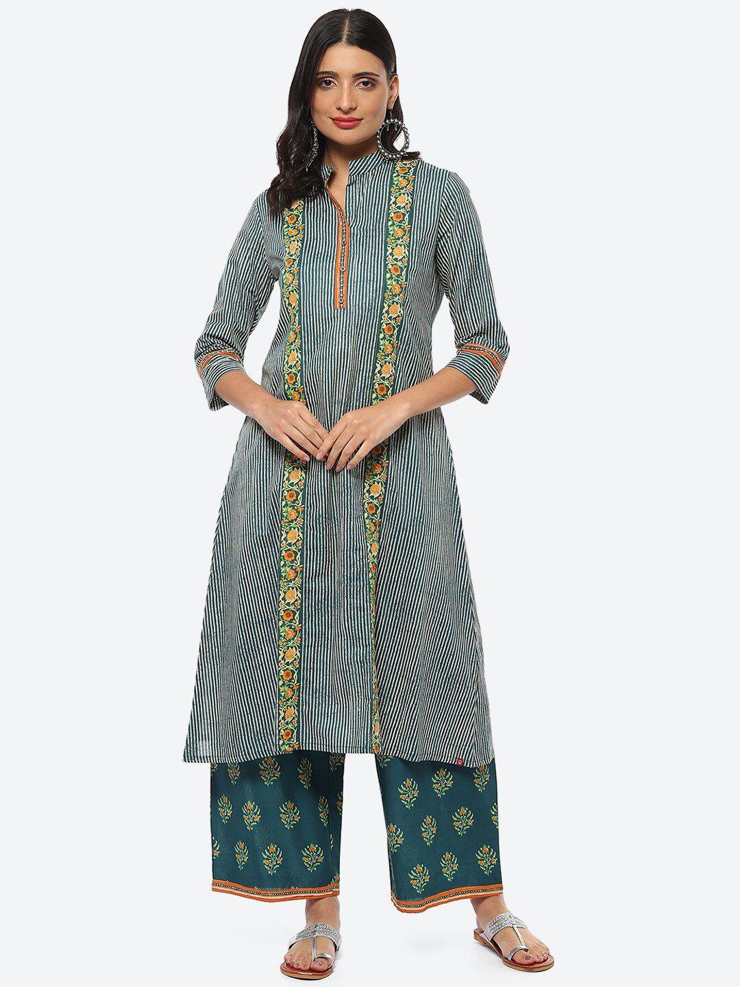 biba striped printed a-line pure cotton kurta with palazzos