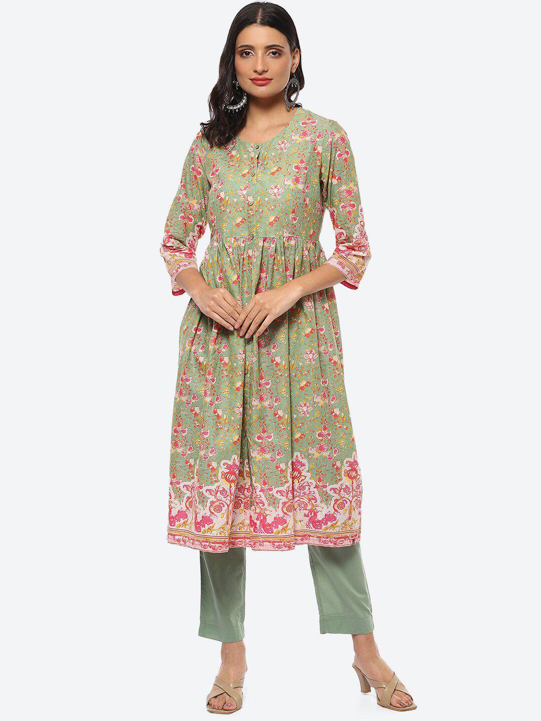 biba floral printed empire pure cotton a-line kurta with trousers