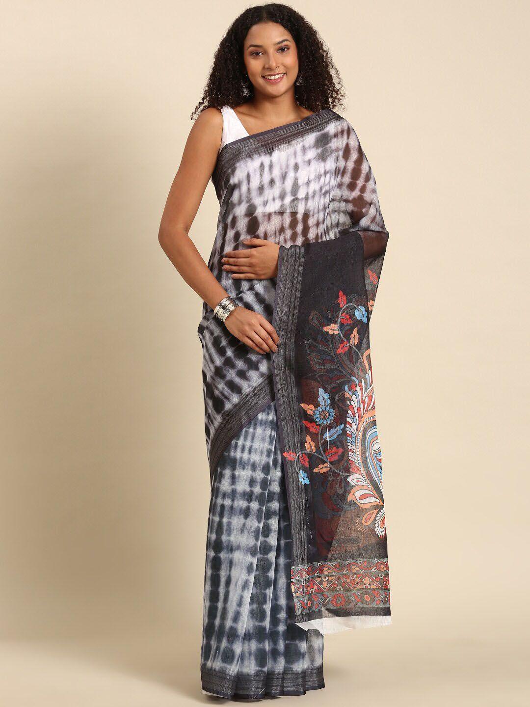 anouk charcoal & white abstract printed zari saree