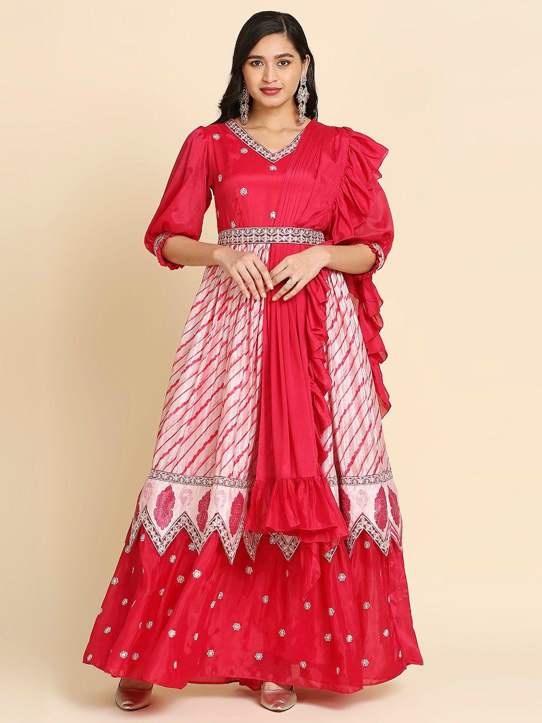 madhuram tie and dye embroidered chiffon maxi ethnic dress with belt