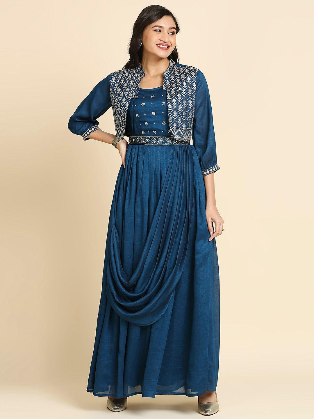 madhuram embroidered silk satin fit & flare maxi ethnic dress with jacket & belt