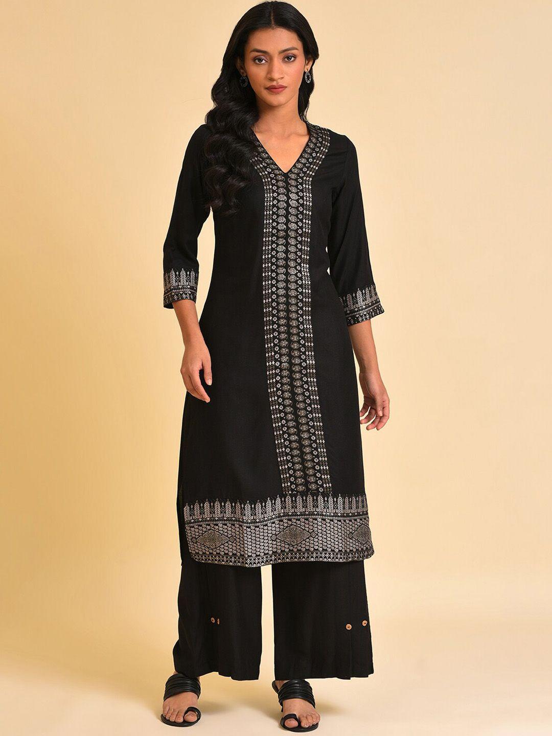 w black ethnic motifs printed v-neck kurta with palazzos