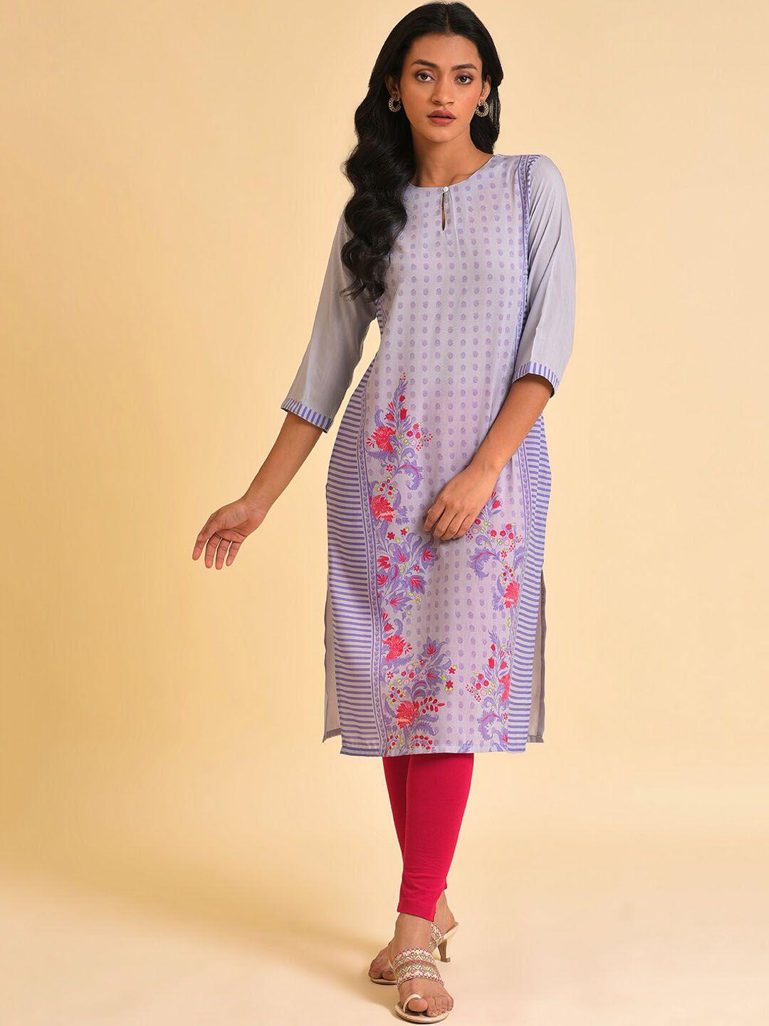 w lavender & pink floral printed panelled keyhole neck kurta with leggings