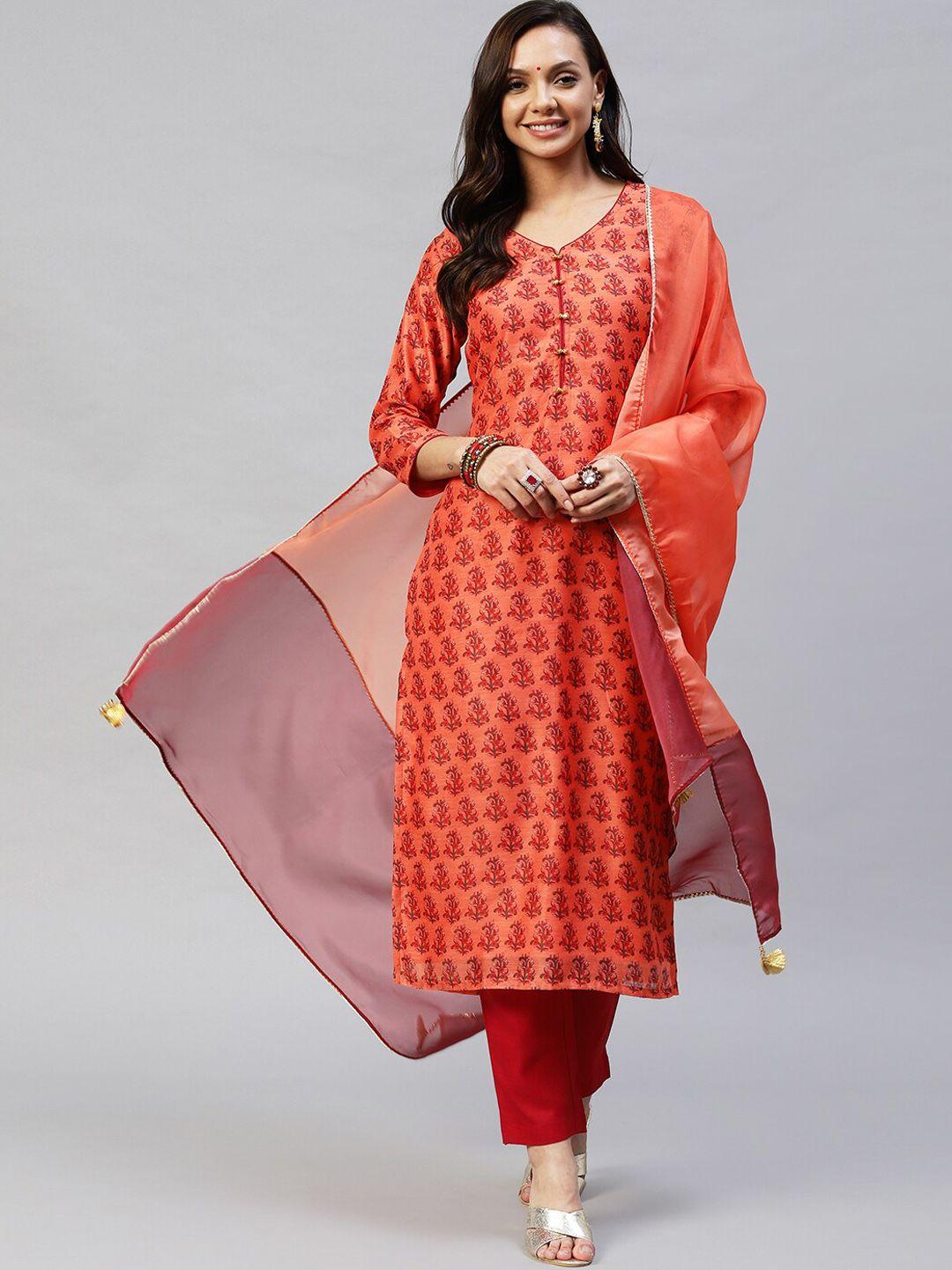 kalini floral printed v neck kurta with trousers & dupatta