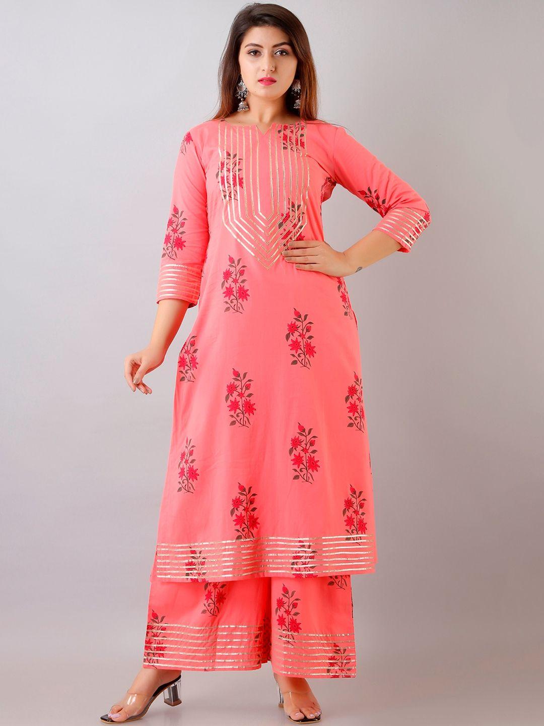 here&now pink floral printed gotta patti regular kurta with palazzos