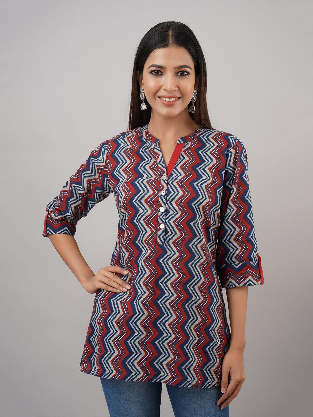 here&now blue  mandarin collar chevron printed kurti