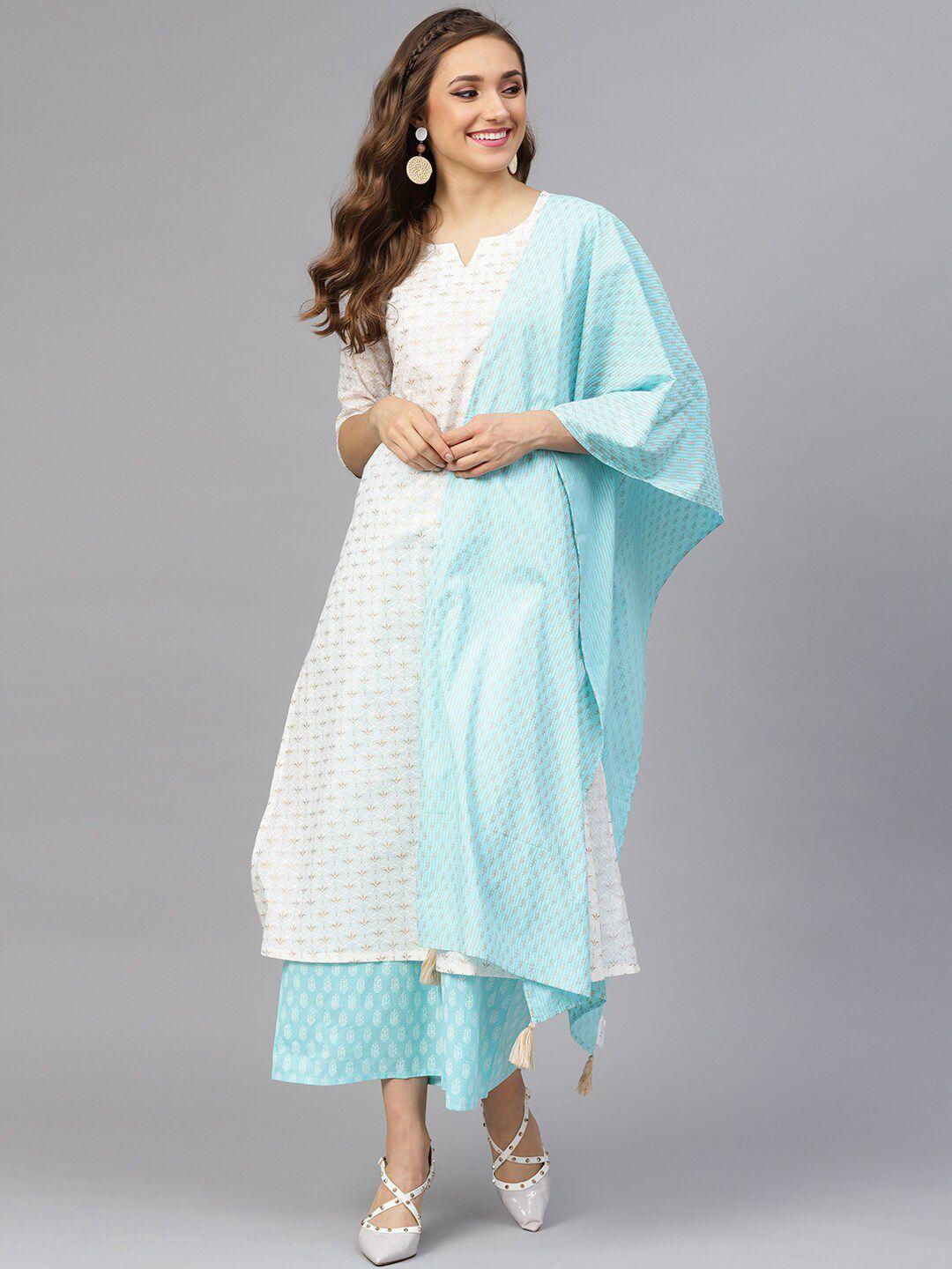 idalia ethnic motifs printed notched neck pure cotton kurta with palazzos & dupatta