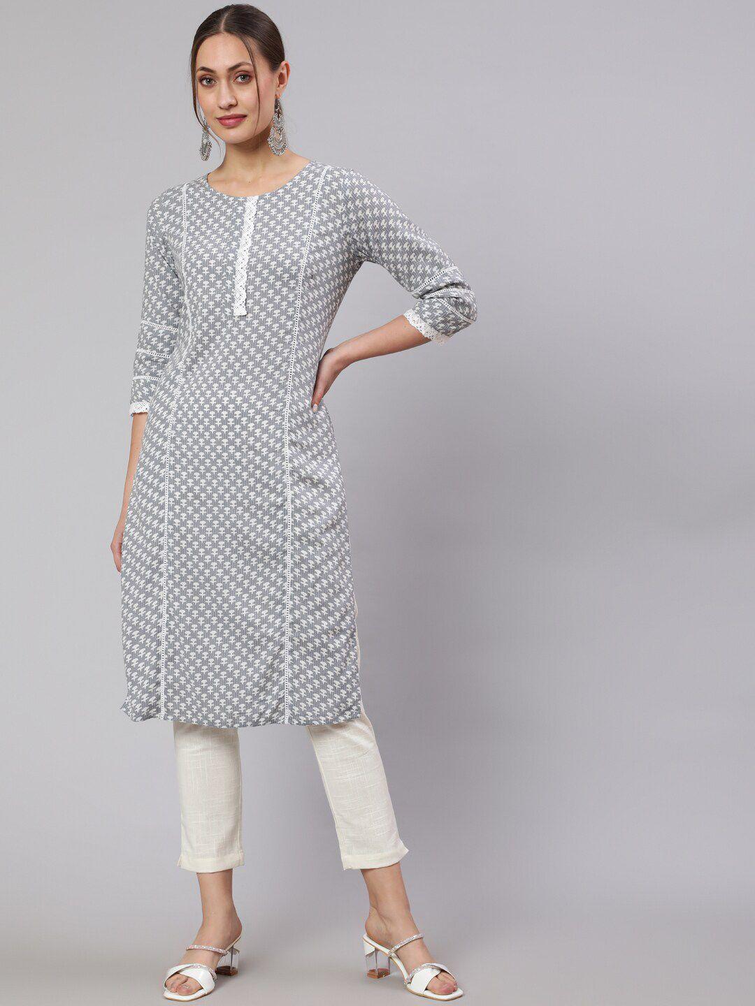 jaipur kurti grey & off-white ethnic motifs printed straight cotton kurta