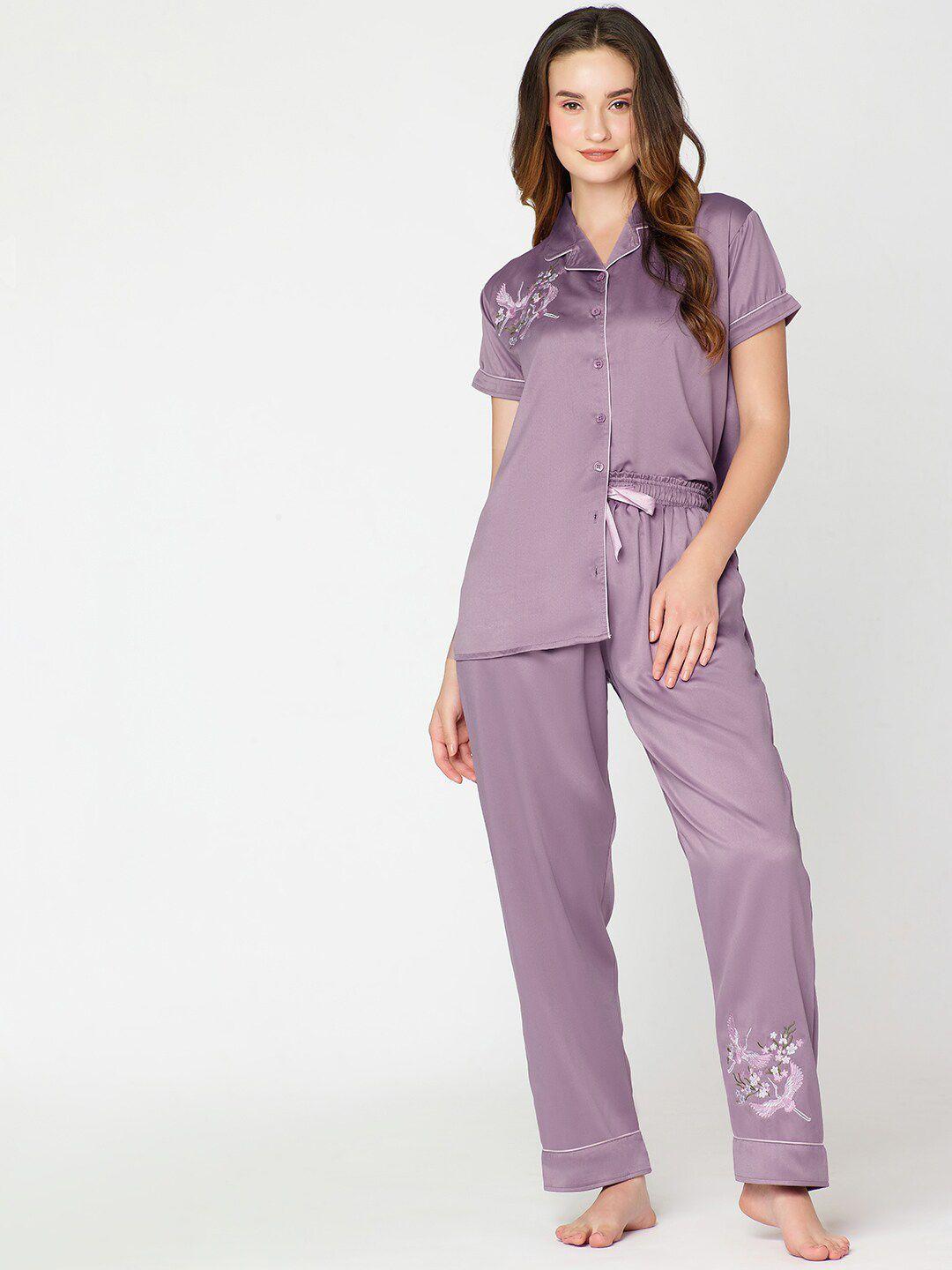 i like me purple & green floral embroidered satin night suit